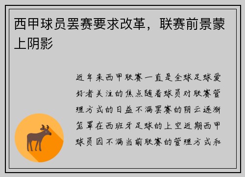 西甲球员罢赛要求改革，联赛前景蒙上阴影